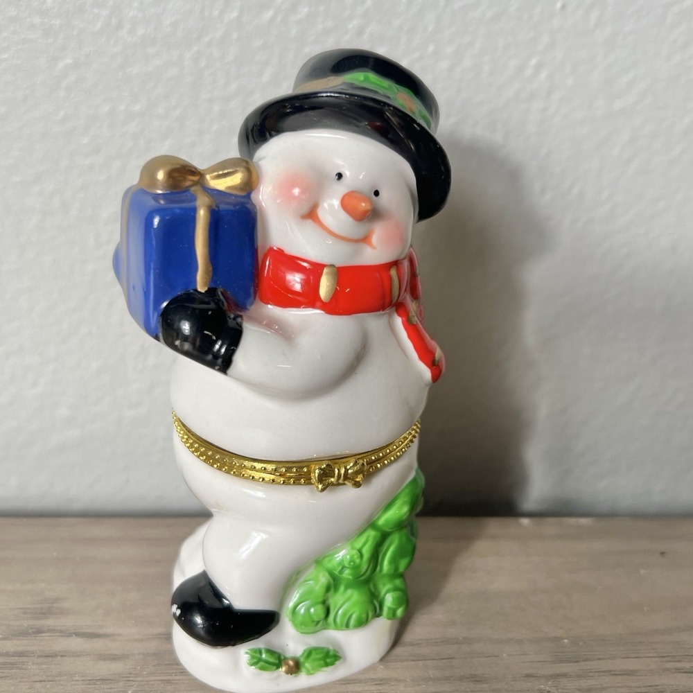 Snowman Trinket Box Ceramic Hinged Christmas Gift Holder Blue Present‎ Red Scarf
